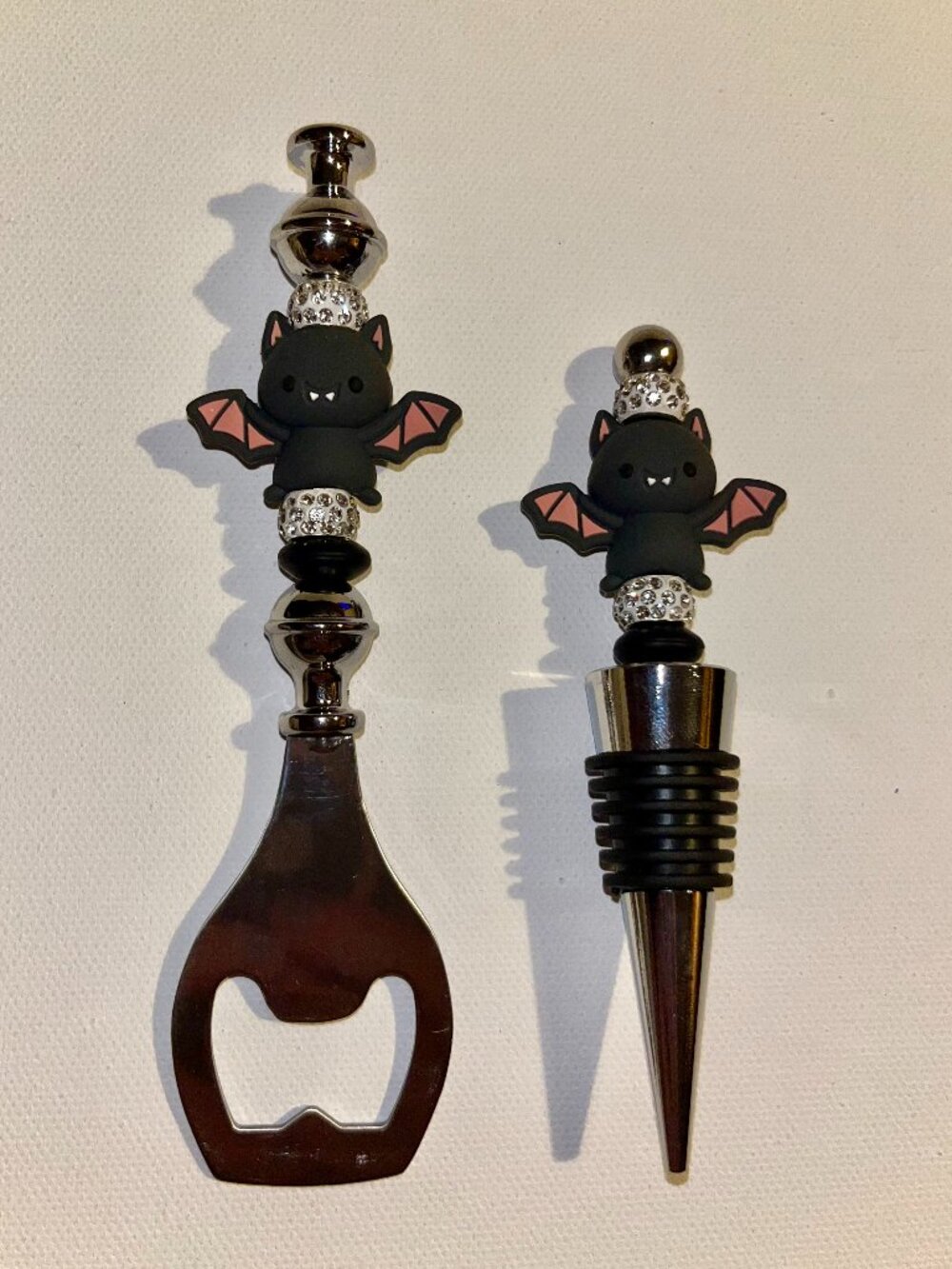 Halloween Sparkly Bat-themed Wine Stopper and Bottle Opener Set